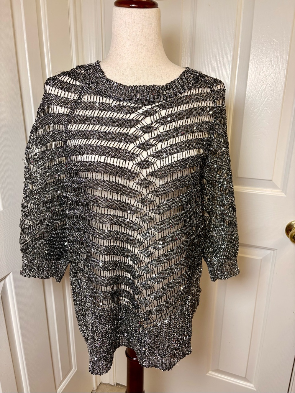 Lauren Michelle Silver Metallic Sequin Open Knit Glam Night Out Sweater XL